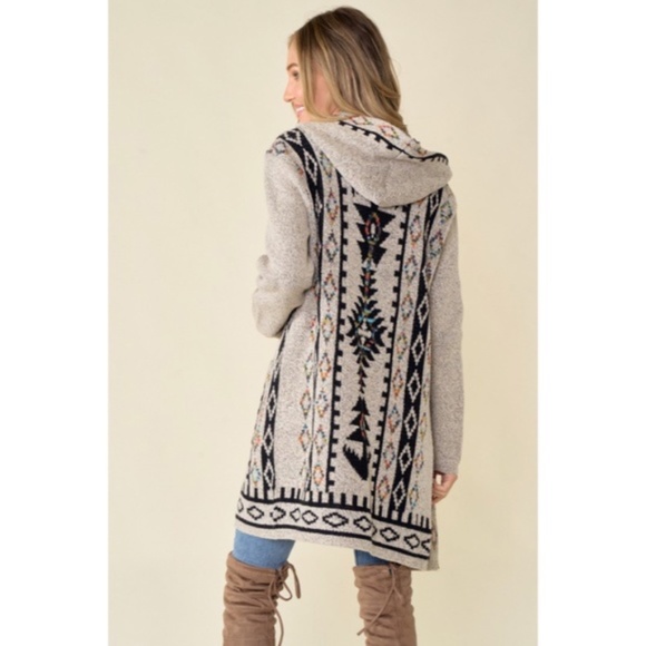 SOLD OUT Oatmeal Aztec Rainbow Western Hooded Knit Cardigan Long Sleeve Open - Picture 13 of 14